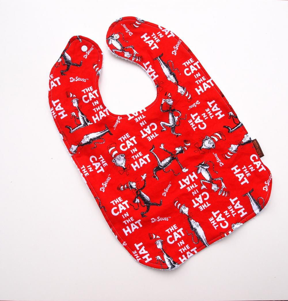 baby toddler bib cat in the hat red snap terry cloth unisex girls boys birthday big large oversize