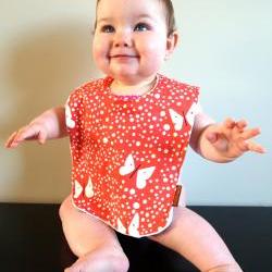 baby bib girl butterfly pink red cotton minky snap bib